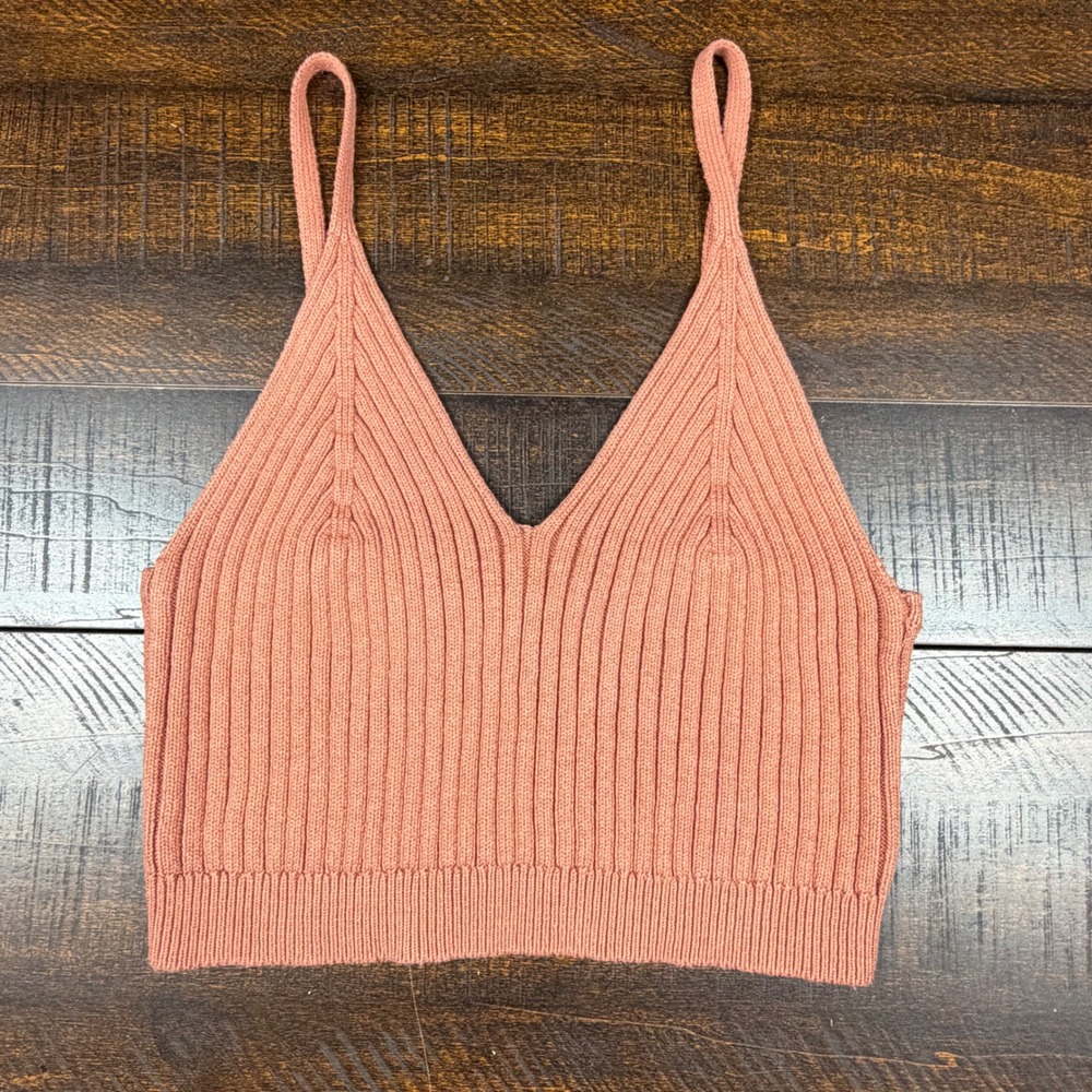Coco and Shay Ribbed Knit Crop Tank Top Coral Mauve XL V-Neck Cami Chic Boho